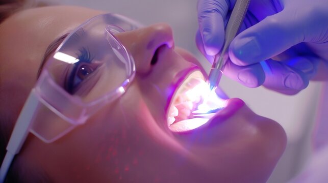 Dentist using a dental curing light to harden a filling in a patient's tooth