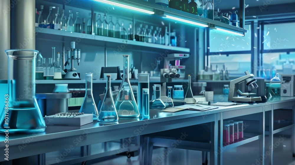 Aufkleber the laboratory showcases an array of glass beakers, flasks, and scientific instruments on sleek stai
