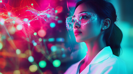 A woman in a lab coat is looking at a computer screen with a colorful background