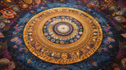 Fototapeta premium Colorful, ornate mandala with a central golden disc, surrounded by intricate patterns on a dark blue background.