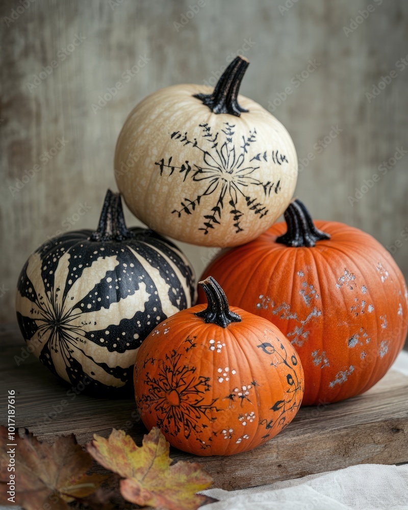 Wall mural Decorative pumpkins with artistic designs on a wooden surface against a light backdrop ideal for themed imagery