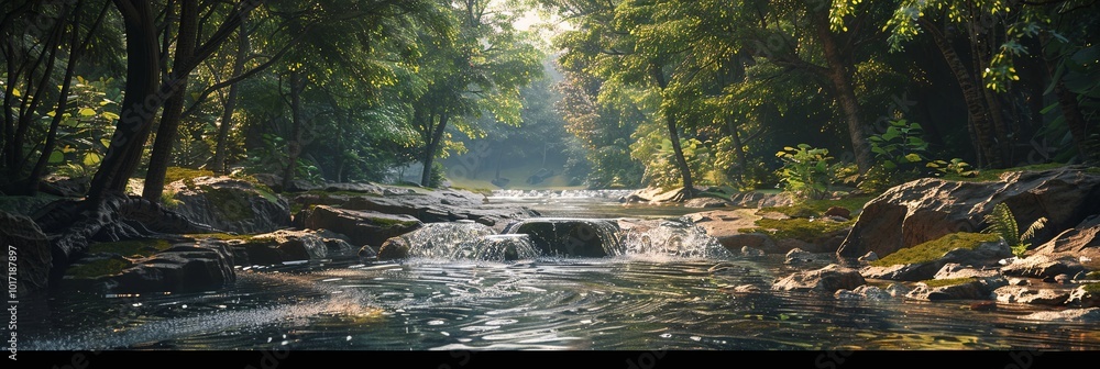 Aufkleber A serene stream flows gently through a dense forest, illuminated by soft morning light and surrounded by vibrant foliage. Generative AI