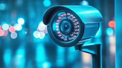 Surveillance camera with night vision in cityscape with bokeh lights