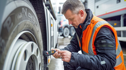 Technician inspecting truck tires with digital pressure gauge in safety vest