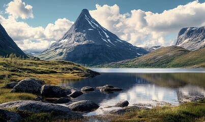 Obraz premium mountain lake against the background of a mountain with a detached peak