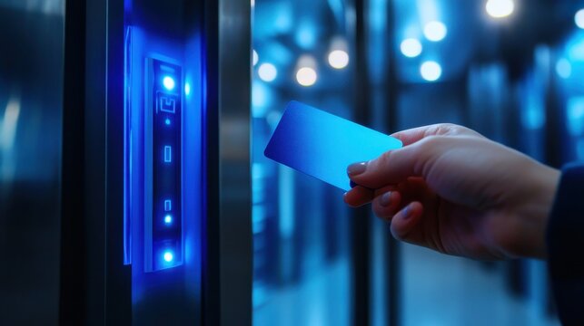 Hand holding Blue Card to access Electronic Entrance Scanner, Security Technology