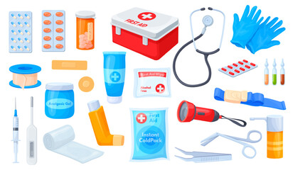 Cartoon first aid kit. Medical equipment emergency tools, pharmacy drugs pills bandage disposable syringe adhesive tape doctor stethoscope rescue box set, neat vector illustration