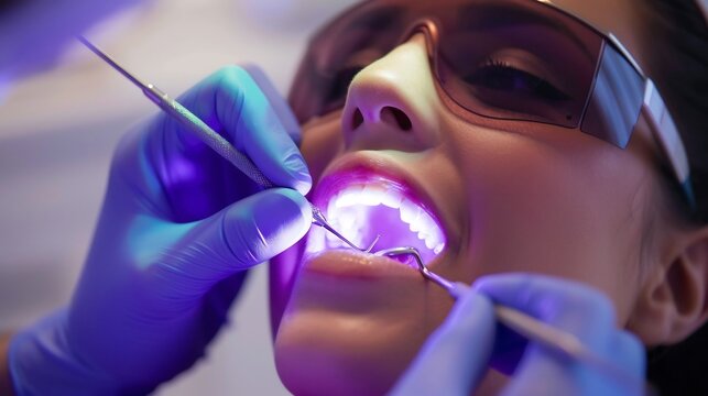 Dentist using a dental curing light to set a composite filling
