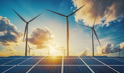 Wind farm and solar panels under a beautiful blue sky with a few clouds. Renewable energy generation for environmental conservation concept.