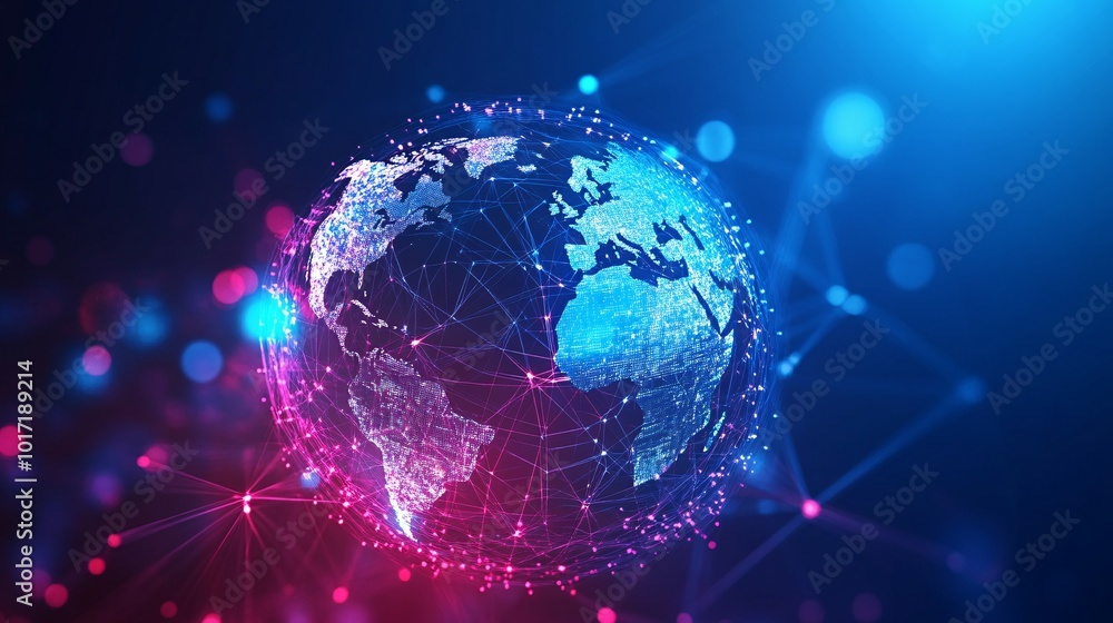 Wall mural a glowing digital globe with continents outlined in a connected web of lights.