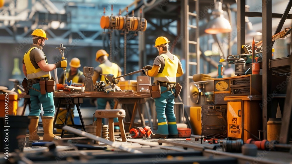Poster A diverse team of skilled workers is actively collaborating at a construction site, utilizing various tools and materials. Generative AI