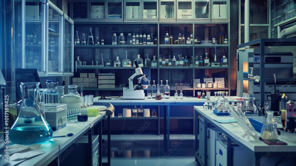 Poster the laboratory is bustling with equipment, glassware, and organized shelves, illuminated by soft eve