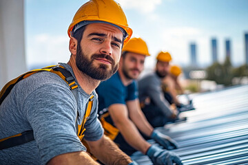 Construction workers in safety helmets and harnesses labor on a rooftop, showcasing teamwork and expertise in urban building projects, with a cityscape background.