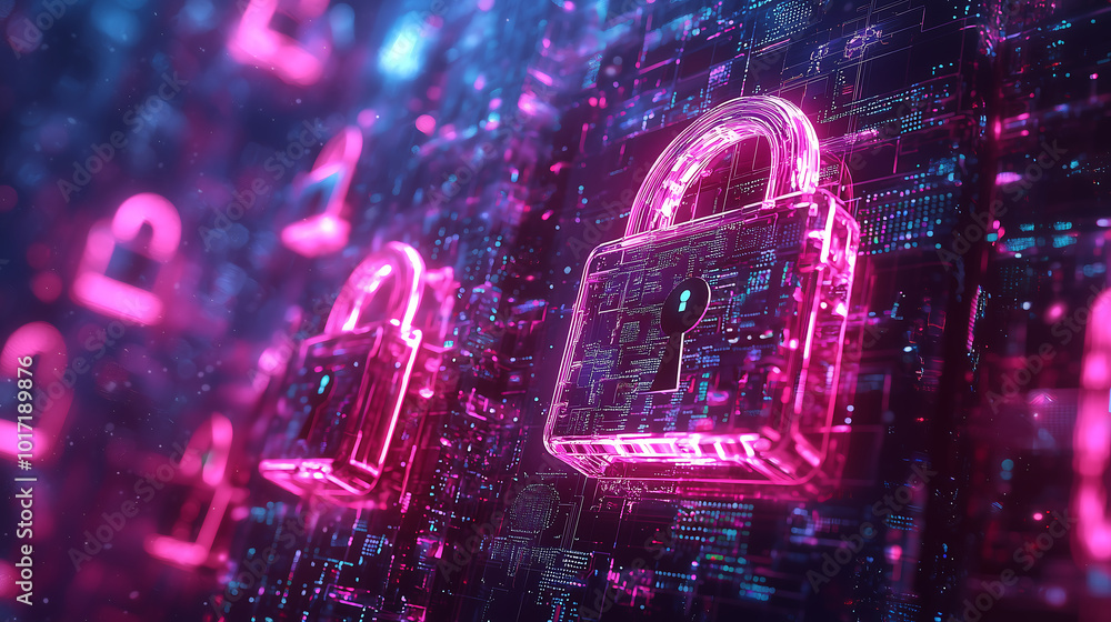 Poster futuristic digital security system with neon locks and advanced data protection