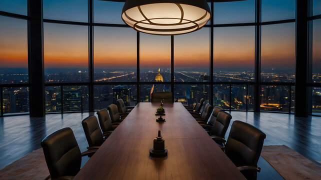 Una gran mesa larga en una oficina lujosa con vista a la ciudad durante la noche