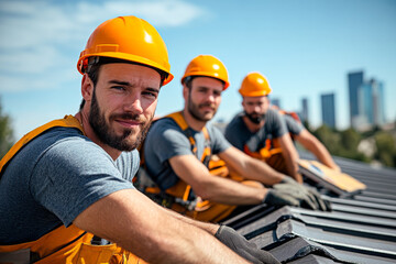 Highly focused construction workers, showcasing their skills, strategically collaborate on a building project, illustrating the essence of teamwork and perseverance.