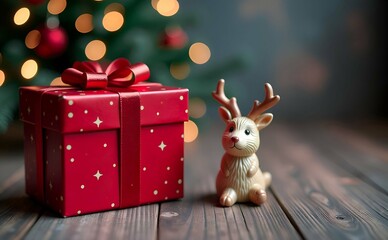 christmas reindeer with box, gift boxes, lighting, small deer