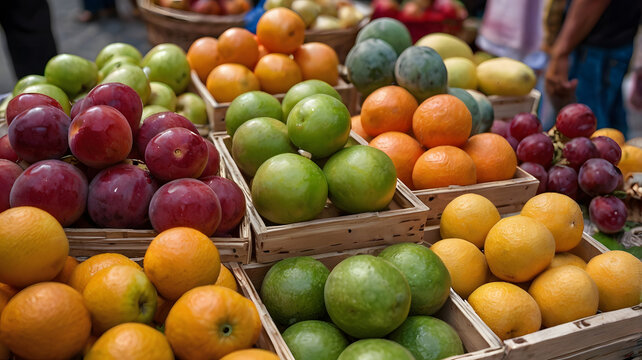 Variedad de frutas org&aacute;nicas en cajas de mercados callejeros

