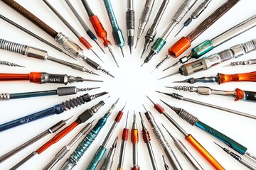 Artful arrangement of various sized screwdrivers forming a starburst pattern on white