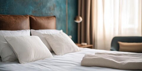 Obraz premium Cozy bedroom setup featuring soft pillows and elegant decor, ideal for relaxation and comfort.