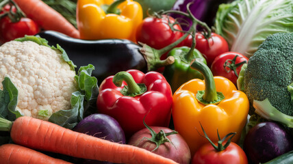 Variety of fresh vegetables, including bell peppers, carrots, cauliflower, broccoli, tomatoes, and eggplants, arranged in the foreground