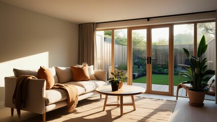 Fototapeta premium Sunlit Serenity, A cozy modern living room bathed in soft morning light, with large windows revealing a tranquil garden outside