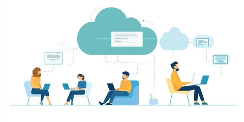 People using laptops in a cloud computing environment, illustrating digital collaboration and remote work.