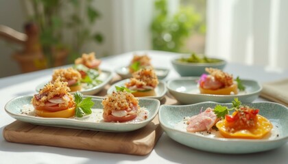 Beautiful Ceramic Appetizer Plates Set with Food on Wooden Cutting Board