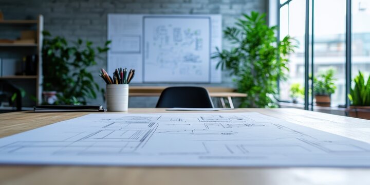 Workspace with architectural plans on table, potted plants, and organized stationery. Bright, modern office ambiance.