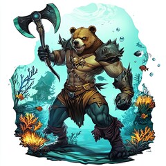 Handsomefaced hero with bear arms and shark fins, gripping a magical axe, underwater scene with glowing corals
