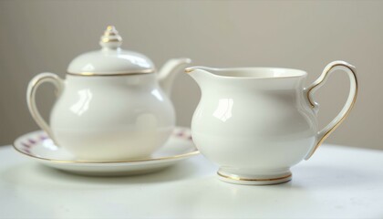 Bone China Sugar and Creamer Set with Gold Trim on a White Table