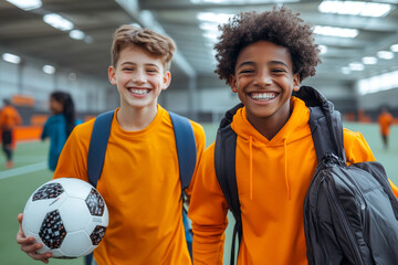 Two smiling boys in a sports arena holding a soccer ball and wearing backpacks, dressed in vibrant sportswear, capturing the joy and energy of youth sports.