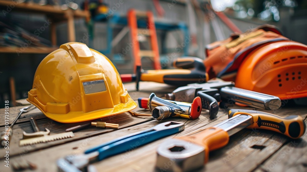 Poster a repair team uses various tools and materials on-site, wearing safety helmets and working diligentl