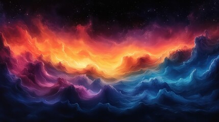 Abstract Oil Painting Featuring Vibrant Cosmic Waves In Shades Of Blue, Purple, And Orange Set Against A Starry Night Sky