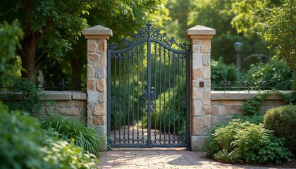 Intricate Black Wrought Iron Garden Gate with Stone Pillars