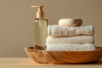 Cosmetic product liquid soap and white round soap bars, towel stack on wooden plate, studio picture with light brown background