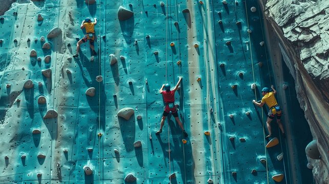 Adventurous climbers are scaling a vibrant indoor rock wall, showcasing their skills and determination in a lively environment. Generative AI