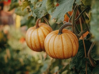 pumpkins growing on the vine in autumn colors