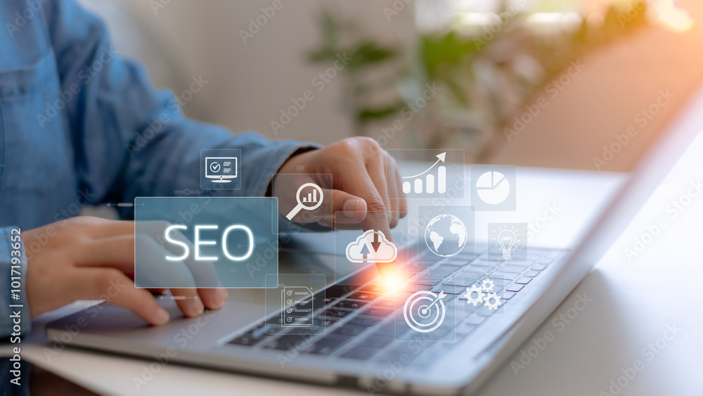 Aufkleber businessmen use laptops to analyze seo search engine optimization to promote website ranking traffic