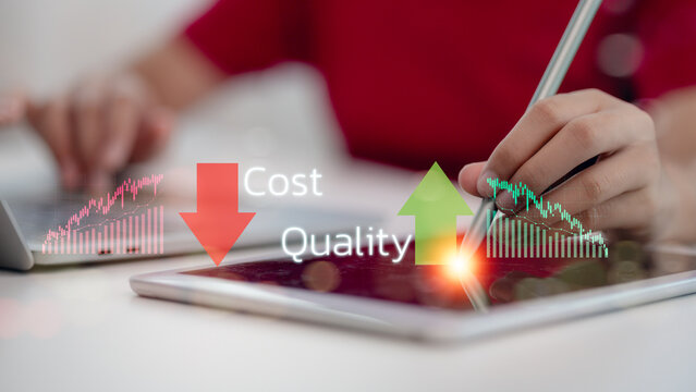 Cost and quality control concepts, business strategy, and project management concepts. Women use tablets with quality control growth graphs, cost reductions, and control budget costs and improvement.
