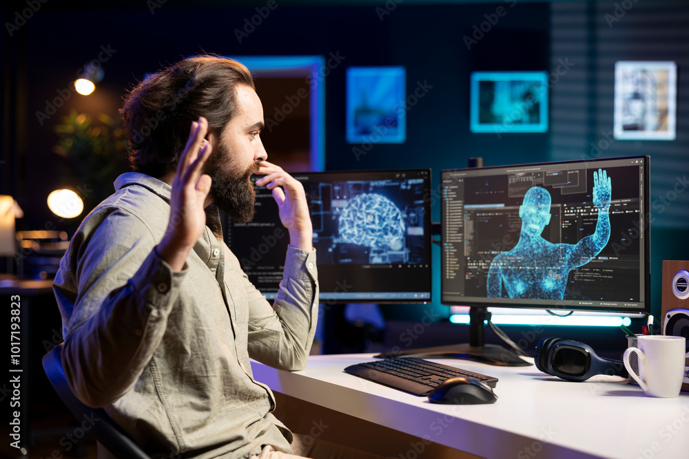 Poster engineer perplexed by sentient ai becoming superintelligent, gaining humanoid form, reluctantly wavi