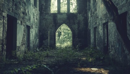 Fototapeta premium A view of a dilapidated, overgrown, abandoned stone building with a doorway leading outside.