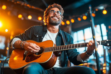 Obraz premium An impressive man with a beard passionately plays an acoustic guitar, radiating happiness and charm, surrounded by lights that enhance his vibrant presence.