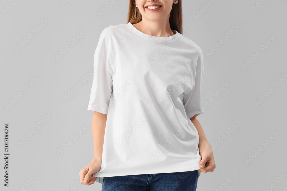 Sticker Young woman in stylish white t-shirt on grey background