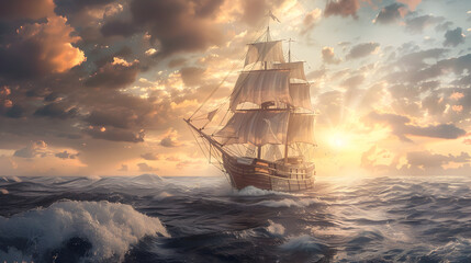 Fototapeta premium Ship sailing in the ocean. Ship On The Sea Beautiful Oil Painting.