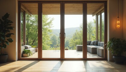 Stylish Modern Sliding Glass Door with Potted Plants in Interior