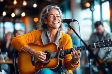 Fototapeta premium An elderly woman joyfully plays guitar on stage, her expressive performance surrounded by warm lights and a cheerful audience enjoying the musical experience.