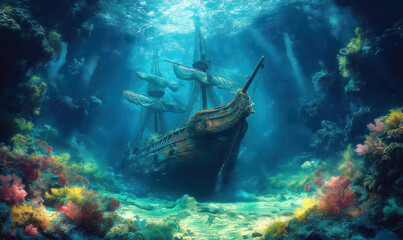 Obraz premium Illustration, a sunken sailing ship on the seabed.