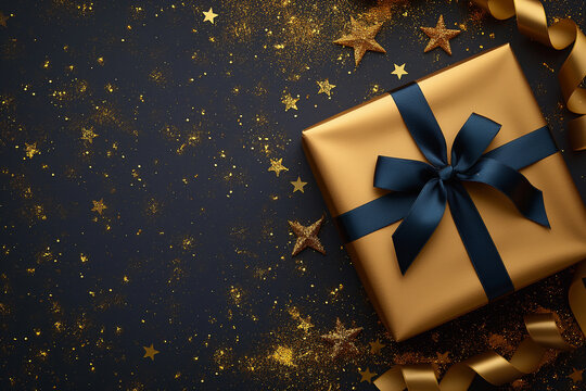 A gold box with a blue ribbon sits on a black background with glitter
