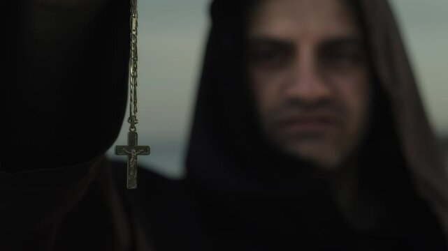 Monk Holds Crucifix Metal Necklace